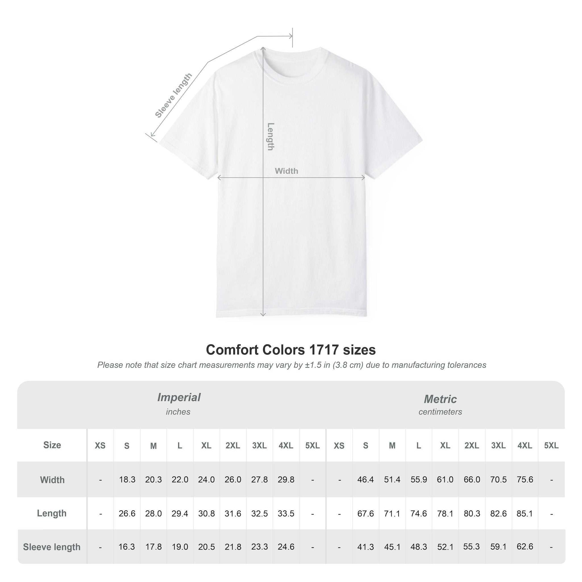 Comfort Colors 1717 size chart with t-shirt measurement guide and available sizes.