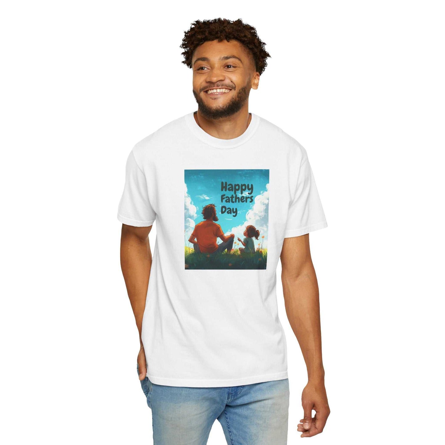 Unisex garment-dyed t-shirt with a "Happy Father's Day" design, made from 100% ring-spun cotton for comfort and durability.