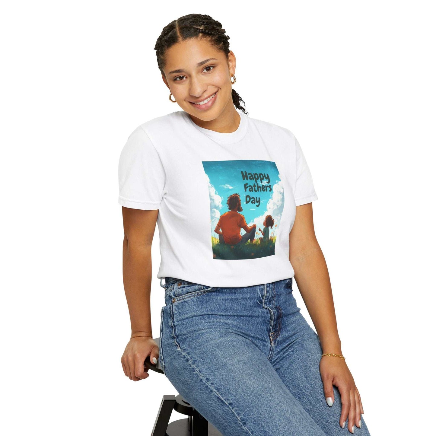 Unisex garment-dyed t-shirt, relaxed fit, Comfort Colors 1717, white, person seated, Father's Day graphic.