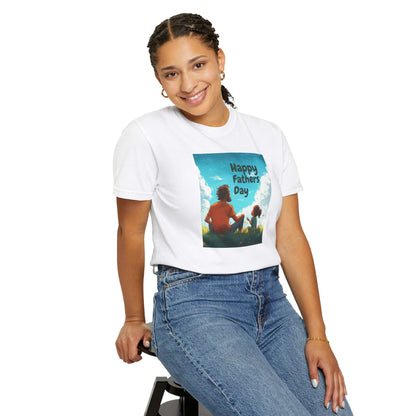 Unisex garment-dyed t-shirt, relaxed fit, Comfort Colors 1717, white, person seated, Father's Day graphic.