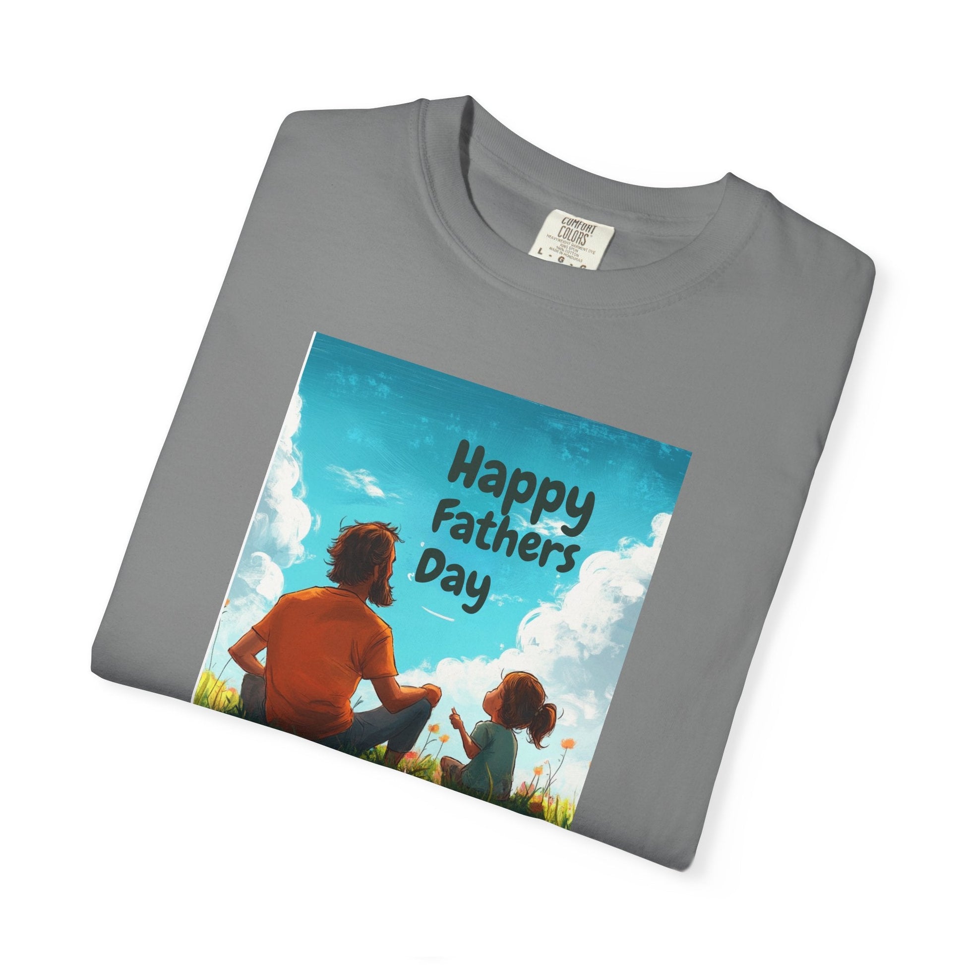Unisex Garment-Dyed T-shirt in gray with "Happy Father's Day" graphic, featuring a man and child holding hands, by Comfort Colors 1717.