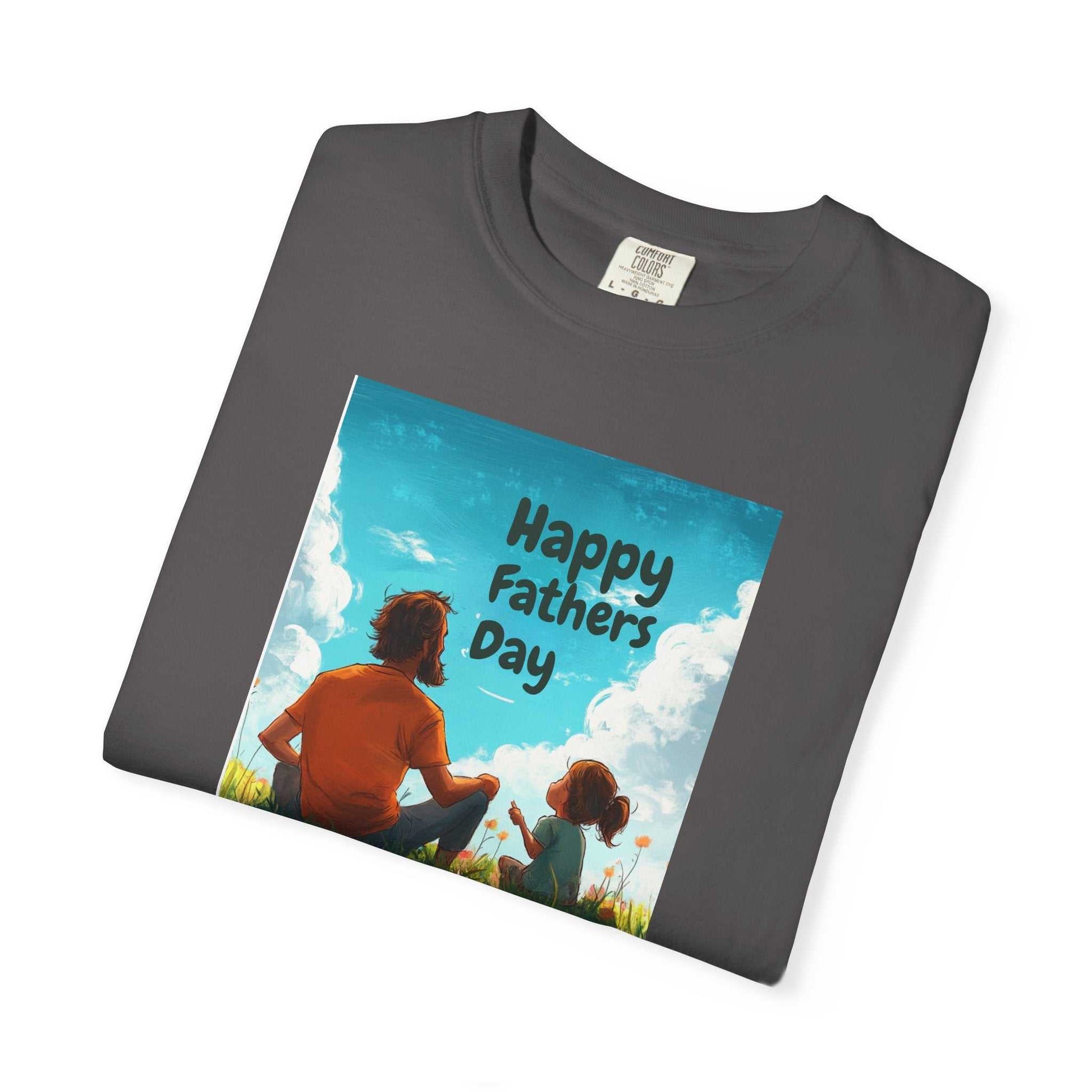 Unisex garment-dyed T-shirt featuring "Happy Fathers Day" design on front, made from 100% ring-spun US cotton.