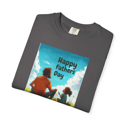 Unisex garment-dyed T-shirt featuring "Happy Fathers Day" design on front, made from 100% ring-spun US cotton.