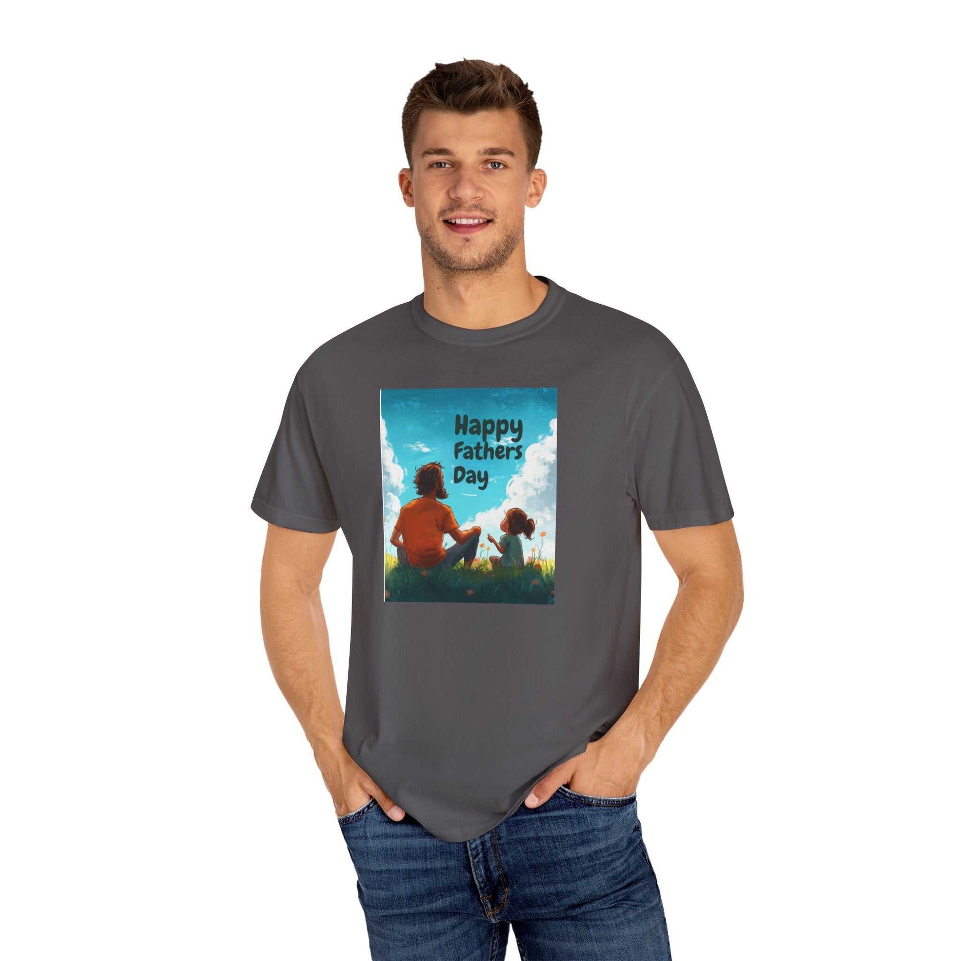 Unisex garment-dyed t-shirt, Comfort Colors 1717, featuring Happy Father's Day design, model wearing dark shirt.
