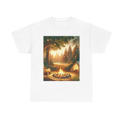 Unisex heavy cotton tee with campfire design, classic fit, of medium fabric for comfort and durability.