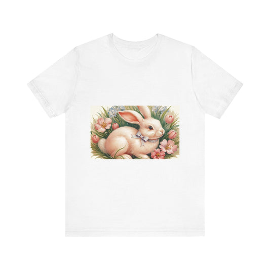 Spring Bunny Short Sleeve Tee with floral Easter design on white background.