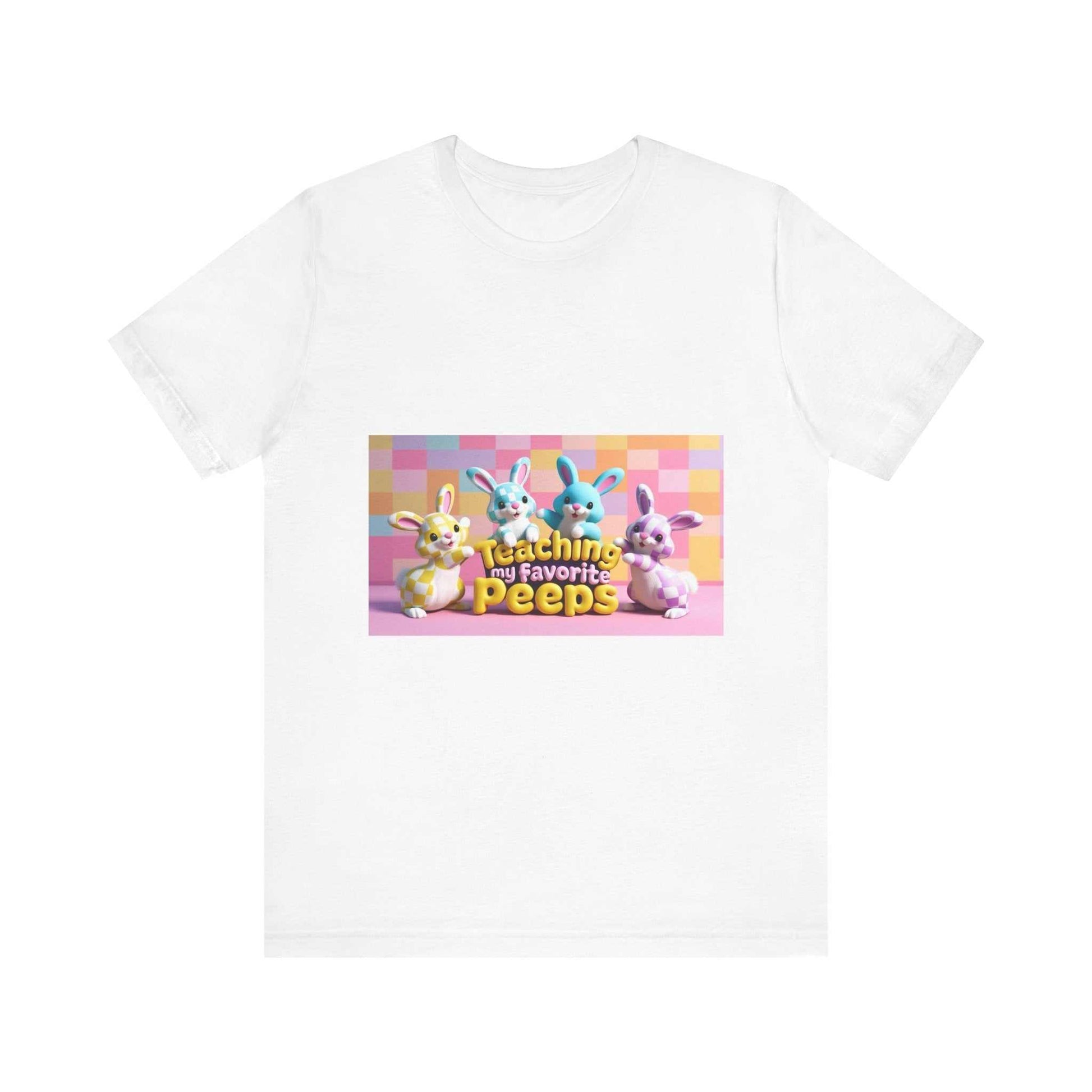 Unisex jersey short sleeve tee with colorful bunny print, soft cotton, crew neckline.
