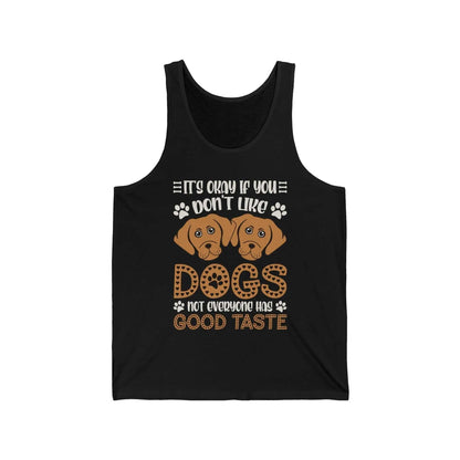 Funny "Don't Like Dogs" tank top in black with playful text and dog graphics, perfect for humorous summer style.