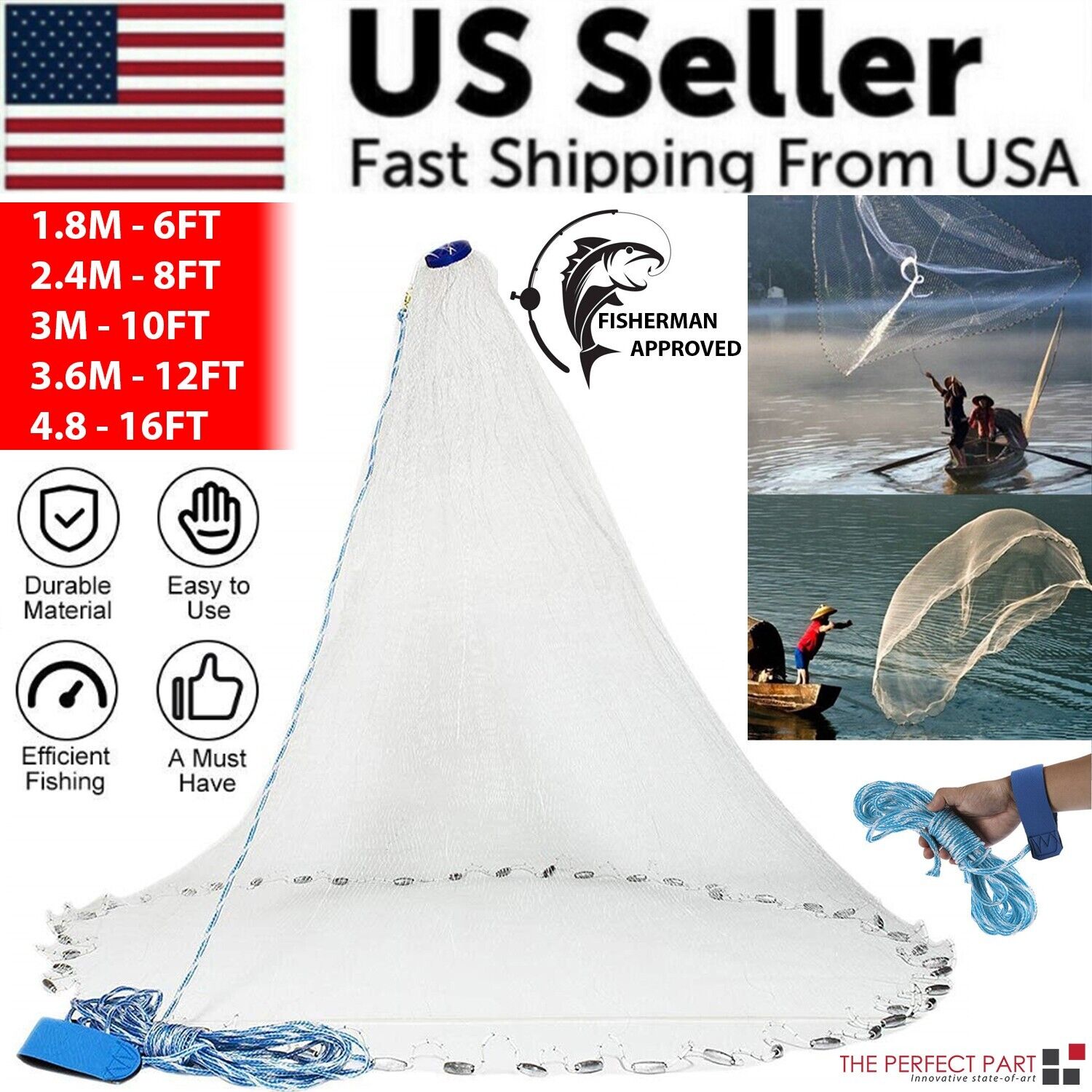 6/8/10/12/16FT Fishing Cast Net Bait Easy Throw Hand Cast Strong Nylon - Toddcraft