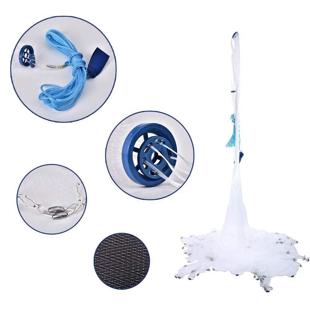 6/8/10/12/16FT Fishing Cast Net Bait Easy Throw Hand Cast Strong Nylon - Toddcraft