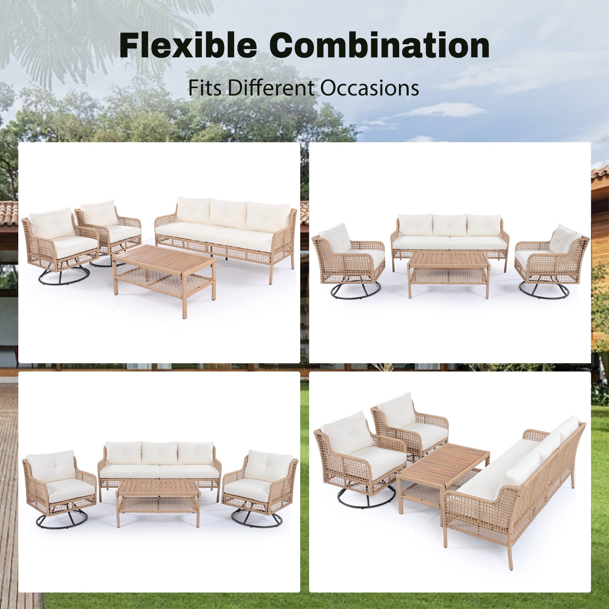 4 Pieces Patio Furniture Set with Swivel Chairs, Outdoor Wicker Sofas - Toddcraft