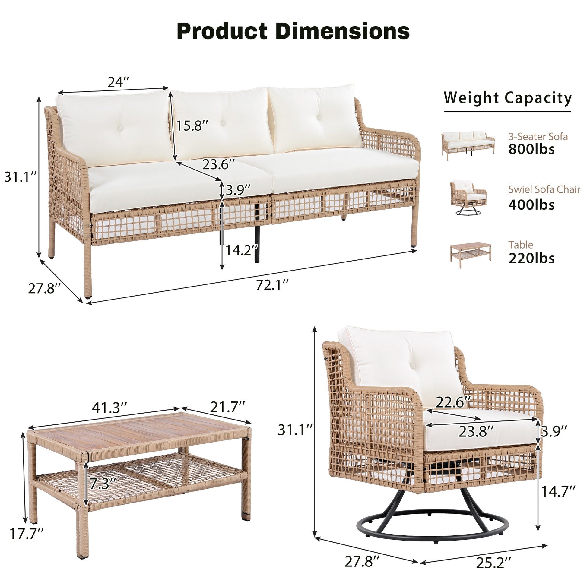4 Pieces Patio Furniture Set with Swivel Chairs, Outdoor Wicker Sofas - Toddcraft
