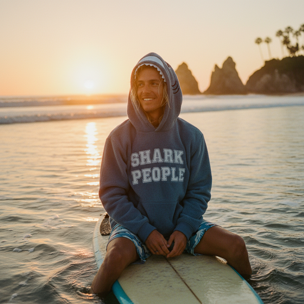 Shark People hoodie with surfboard
