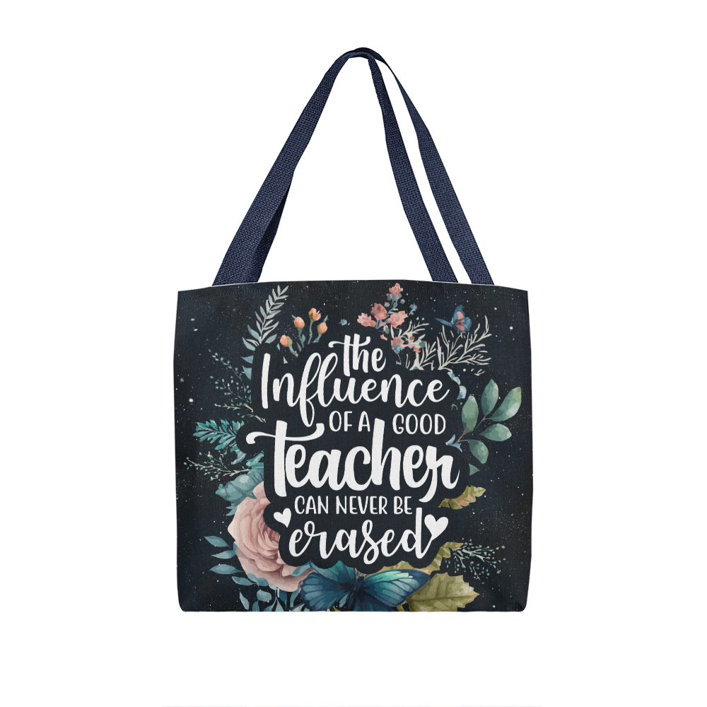 Classic tote bag with teacher appreciation quote and floral design.
