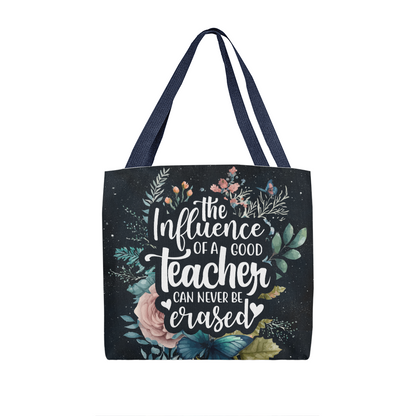 Classic tote bag with teacher appreciation quote and floral design.
