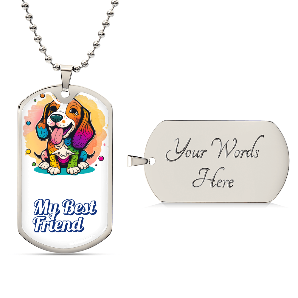 Dog tag with colorful dog illustration and personalized engraving option, "My Best Friend."