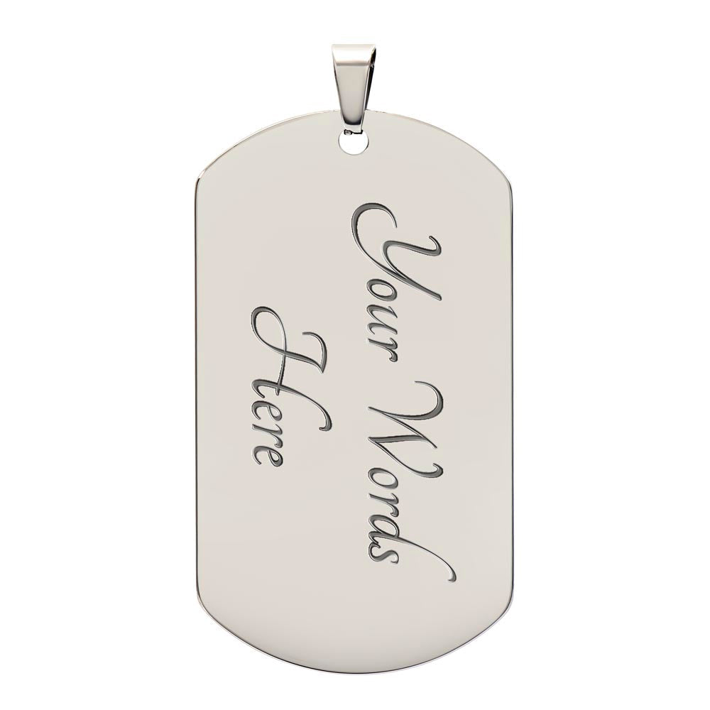 Surgical steel dog tag with customizable engraving and gold finish option.