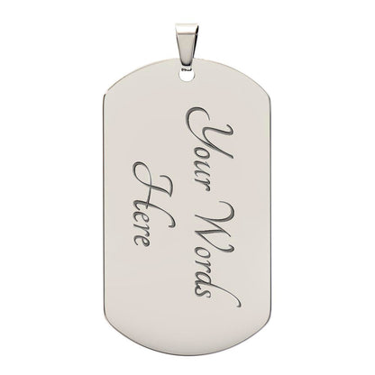 Surgical steel dog tag with customizable engraving and gold finish option.