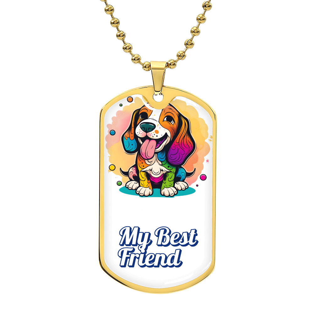 Colorful dog tag necklace inscribed with "My Best Friend."