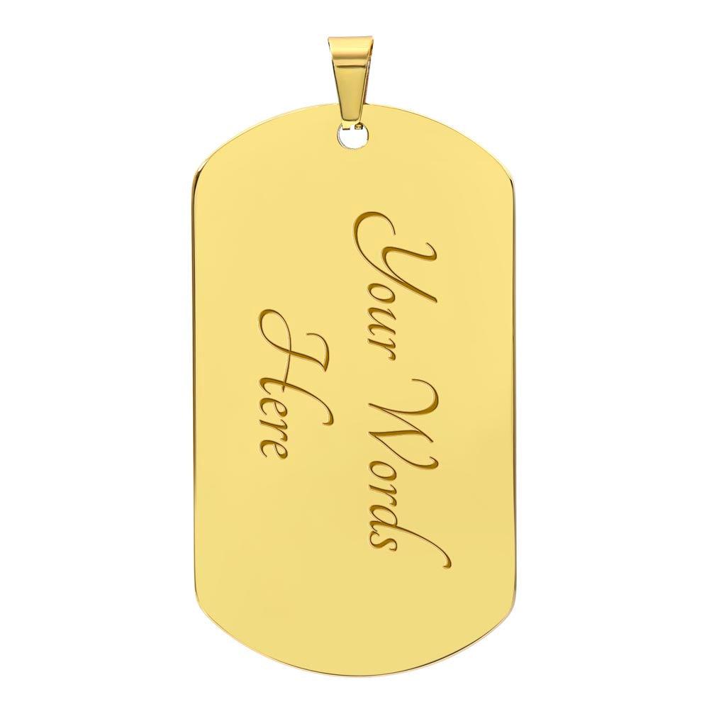 Gold finish dog tag pendant with customizable engraving option.