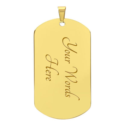 Gold finish dog tag pendant with customizable engraving option.