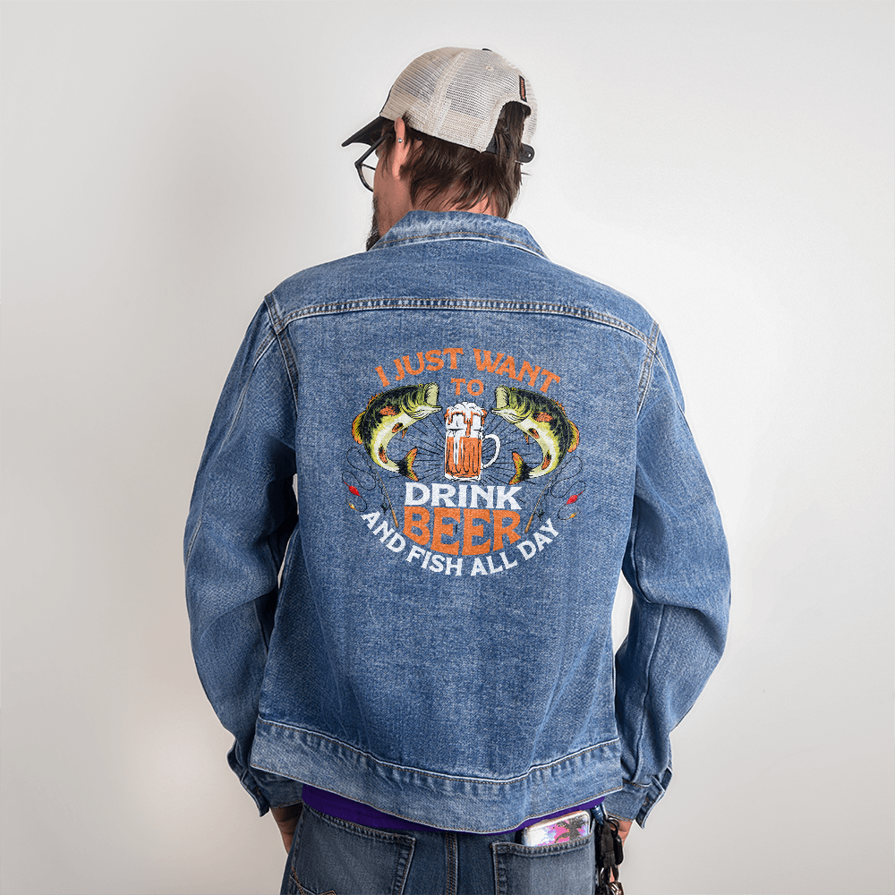 Men's DTG Denim Jacket Drinking beer all day - Toddcraft