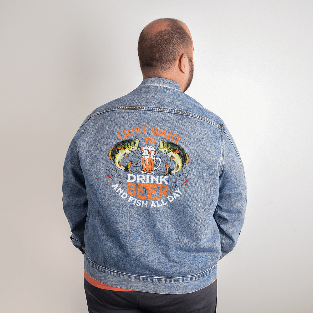 Men's DTG Denim Jacket Drinking beer all day - Toddcraft