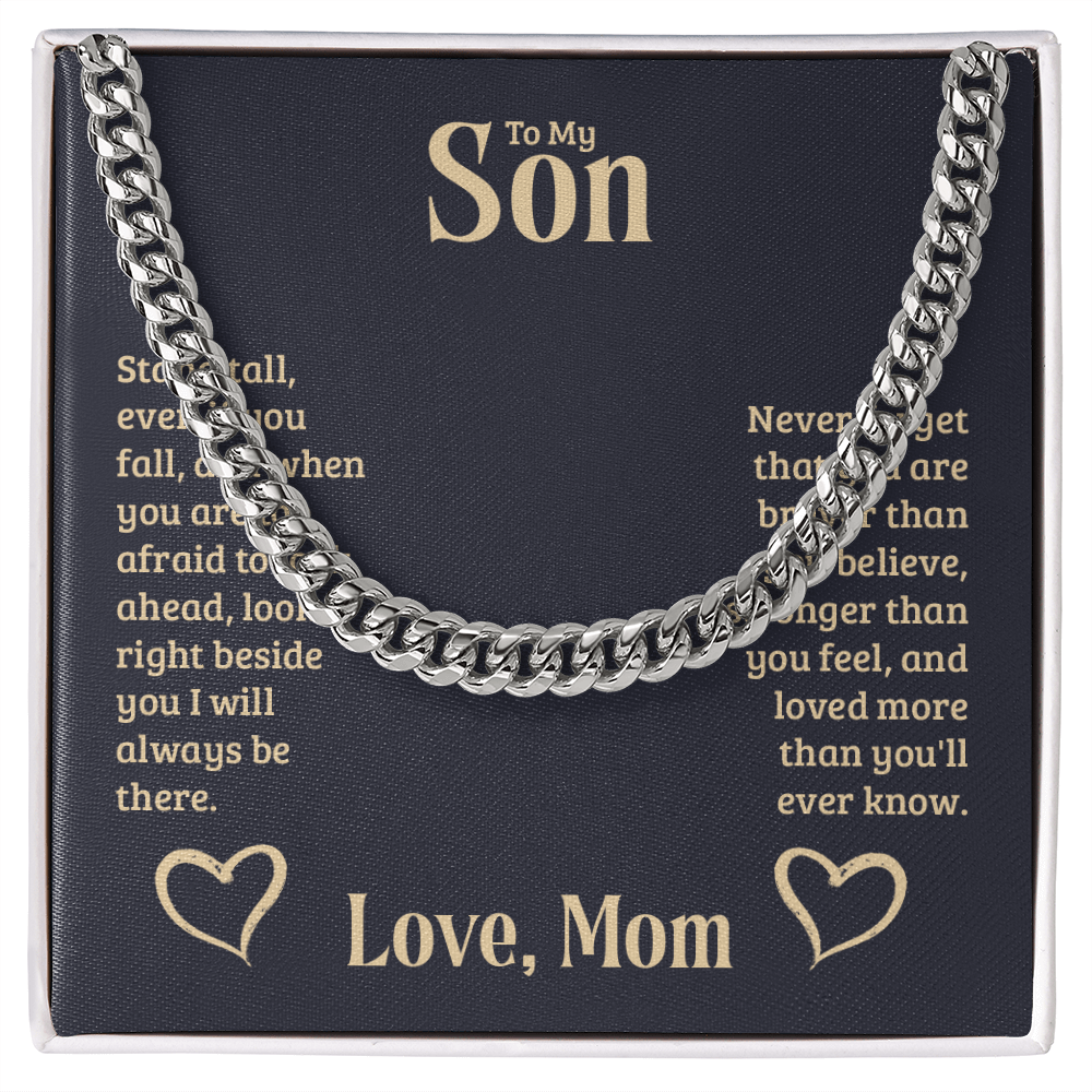 Cuban Link chain gift for son from mom, polished stainless steel, inspirational message, in a presentation box.
