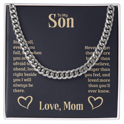 Cuban Link chain gift for son from mom, polished stainless steel, inspirational message, in a presentation box.