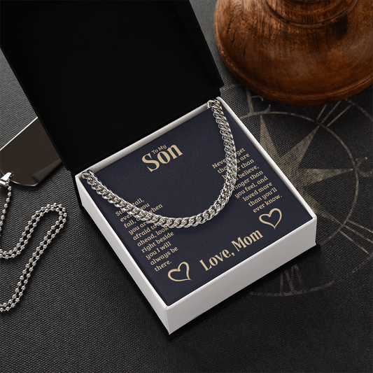 Cuban Link chain gift for son from mother in elegant box.