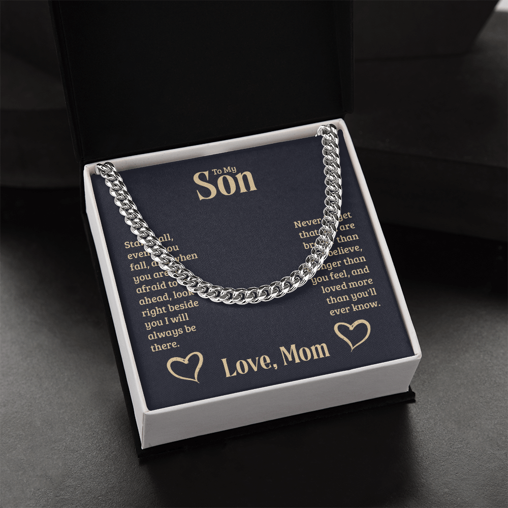 Cuban Link chain gift for son from mother in presentation box.