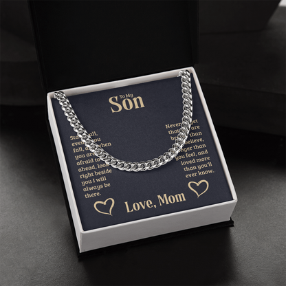 Cuban Link chain gift for son from mother in presentation box.
