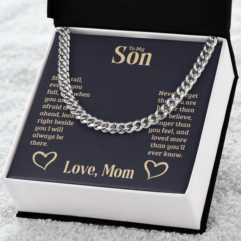 Cuban Link chain gift for son from mom in black gift box.