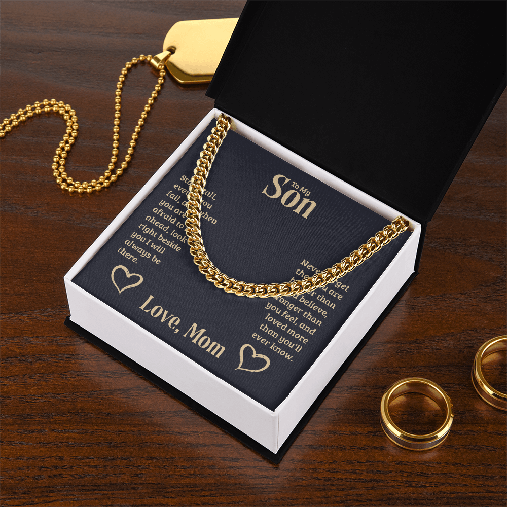Cuban Link chain gift for son from mother in elegant box with heartfelt message.