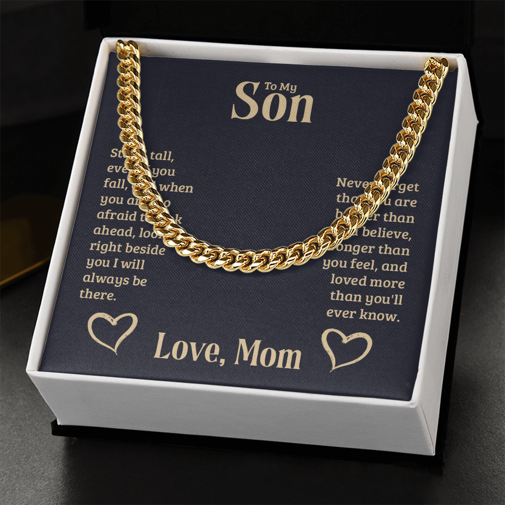 Cuban link chain gift from mother to son in gift box with heartfelt message.