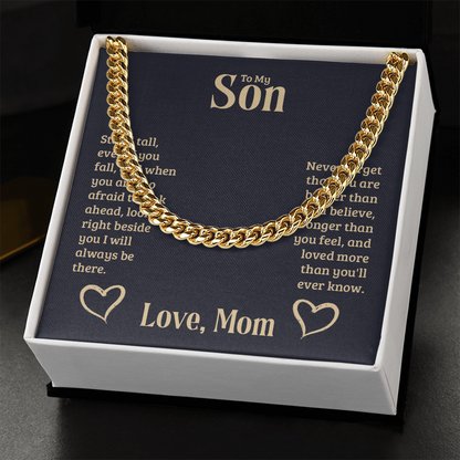 Cuban link chain gift from mother to son in gift box with heartfelt message.
