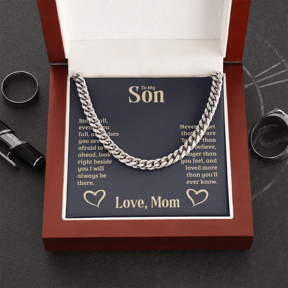Cuban Link chain gift for son from mom in luxury box with heartfelt message.