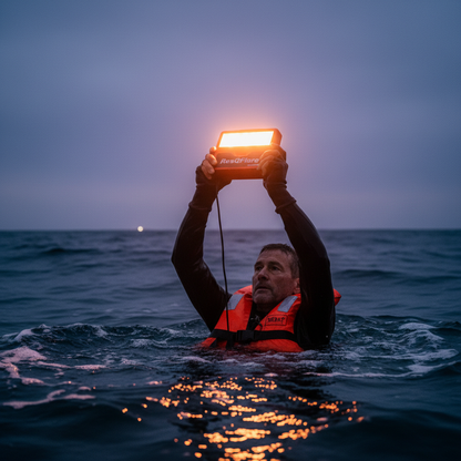 Survivor holding ResQFlare in water