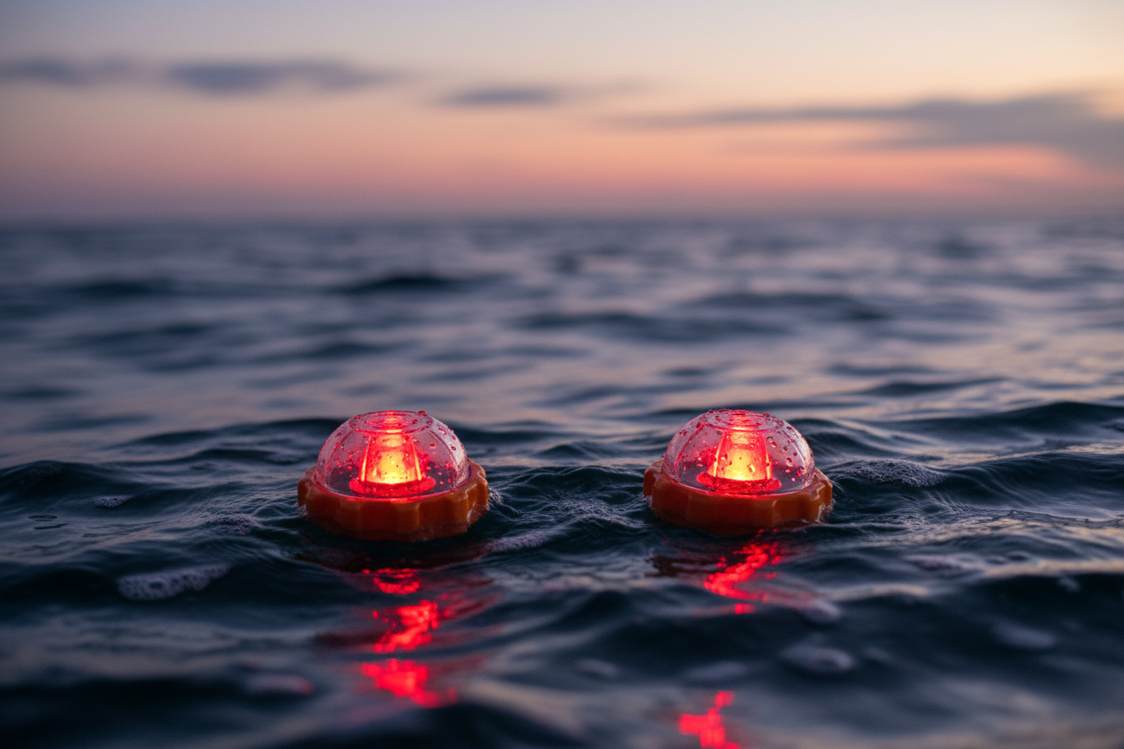 Two LED signal lights floating on water at dusk
