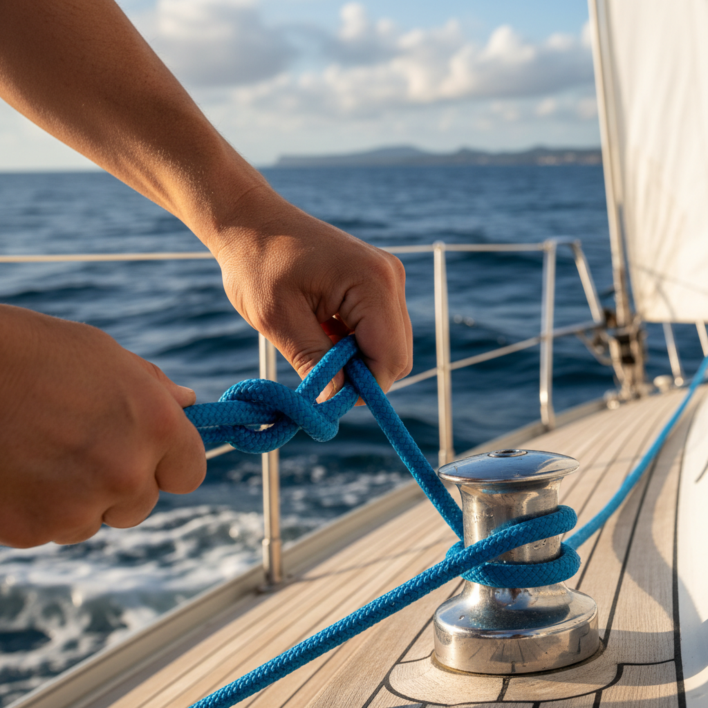 Tying knot with paracord on sailboat
