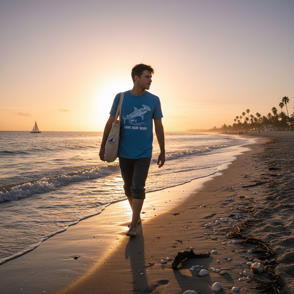 Walking beach shoreline at sunset