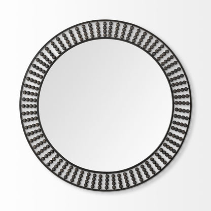 42" Round Black Metal Frame Wall Mirror With Wood Beads - Toddcraft