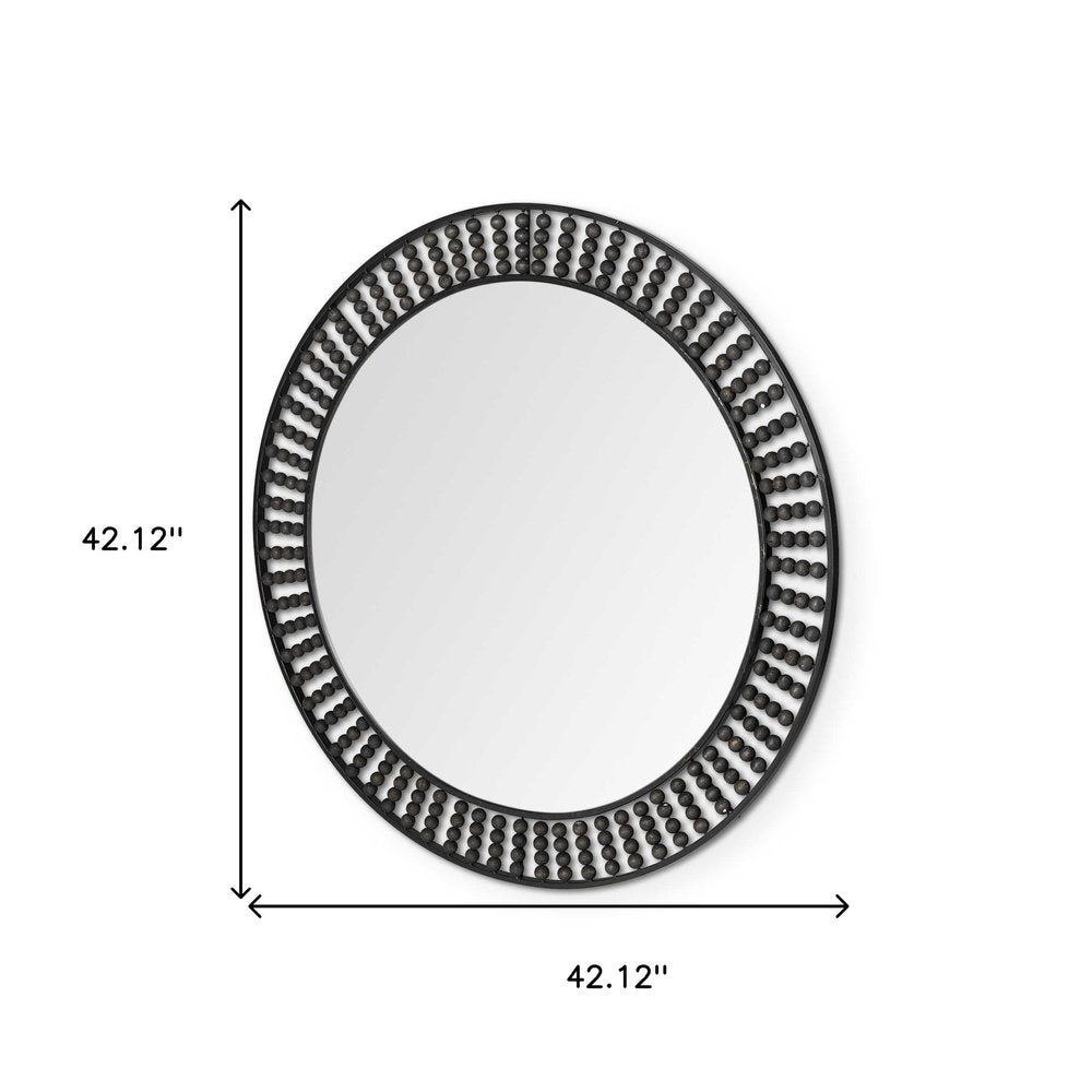 42" Round Black Metal Frame Wall Mirror With Wood Beads - Toddcraft