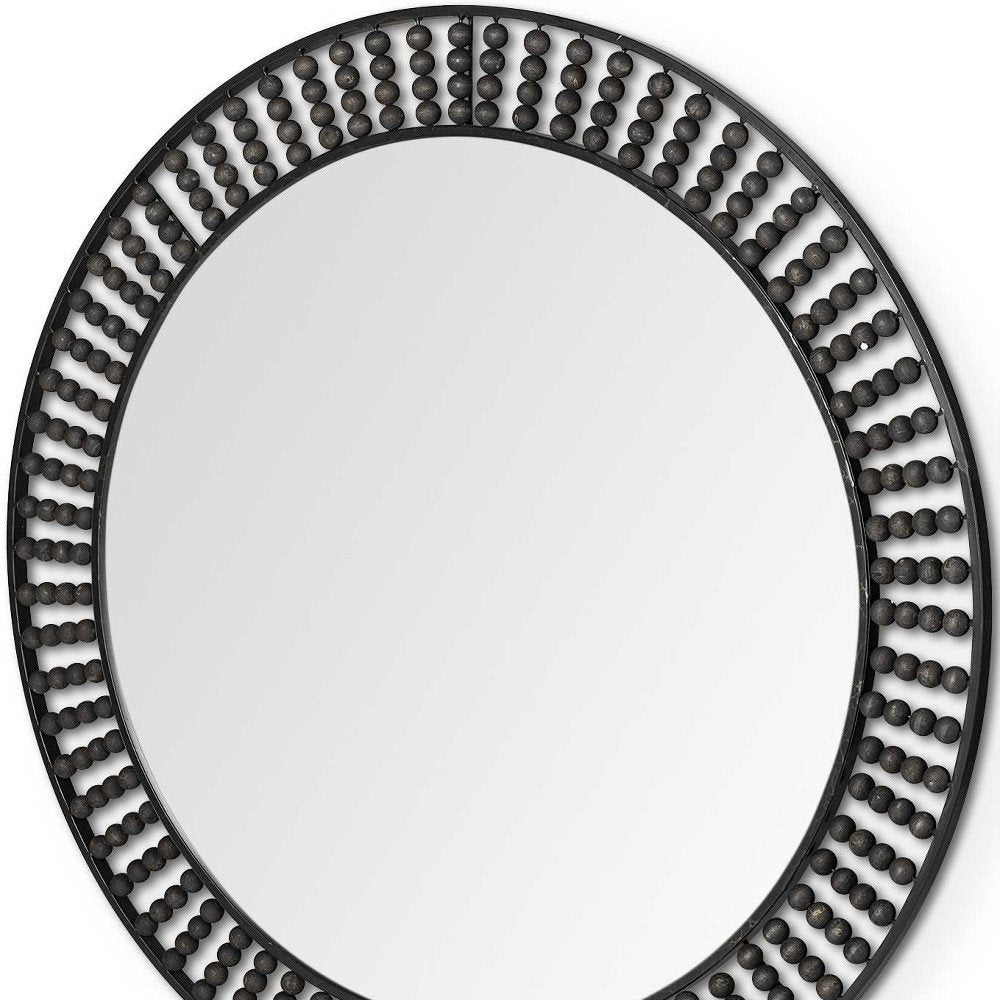 42" Round Black Metal Frame Wall Mirror With Wood Beads - Toddcraft