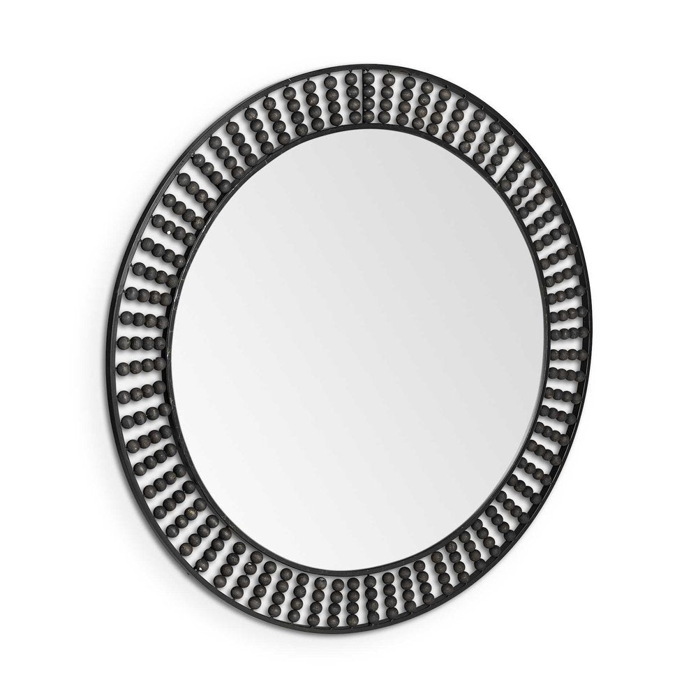 42" Round Black Metal Frame Wall Mirror With Wood Beads - Toddcraft