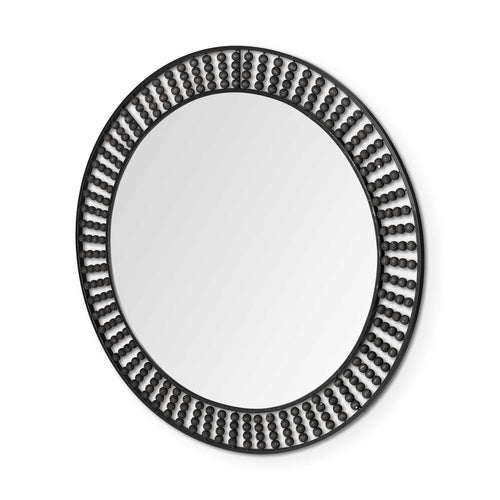 42" Round Black Metal Frame Wall Mirror With Wood Beads - Toddcraft